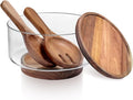 Large Glass Salad Bowls Set | Party Glass Mixing Bowl with Acacia Wood Lid Base and Serving Utensil | Elegant and Practical Serving Bowl for Kitchen