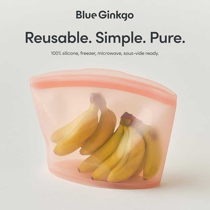 Blue Ginkgo Reusable Silicone Storage Bags – 4-Pack | Korean-Made Stand Up Food, Freezer Bags - Peach