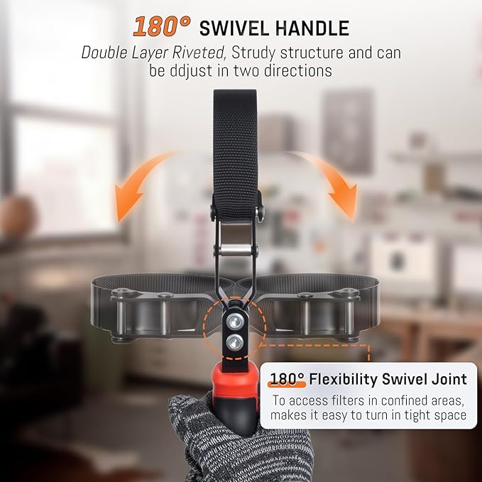 Small Oil Filter Wrench, Oil Filter Removal Tool Fits Filters 2-3/4" to 3-1/4", with Nylon Anti-Slip Strap & 180° Swivel Head, Steel Band Filter Wrench for Compact Car Motorcycle Oil Change