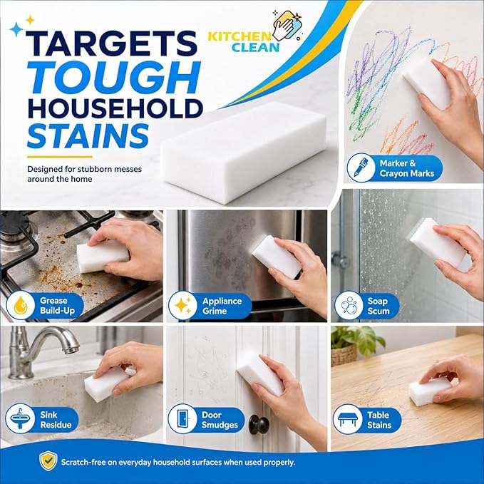 ™ Melamine Magic Eraser | Walls Stain Remover Sponge | Kitchen Latest Cleaning | Home Kitchen Bathroom Tiles, Lime Scale on Taps Wall Stains Cleaning (Pack of 8 Pcs)