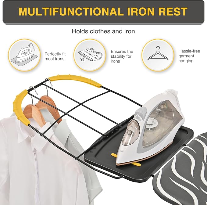KINGBOARD Ironing Board Full Size with Metal Panel, Foldable Ironing Board with Iron Rest, 7 Height Adjustable, Heat Resistant Thick Padding Cover, Easy Storage Heavy Duty Iron Board,15x48, Black