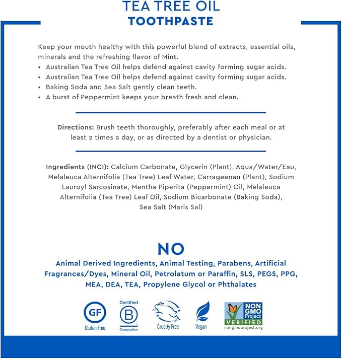 Desert Essence Tea Tree Oil Mint Toothpaste, Fluoride Free, 6.25 oz | Baking soda and sea salt help clean teeth and reduce surface buildup; SLS-free formula freshens breath