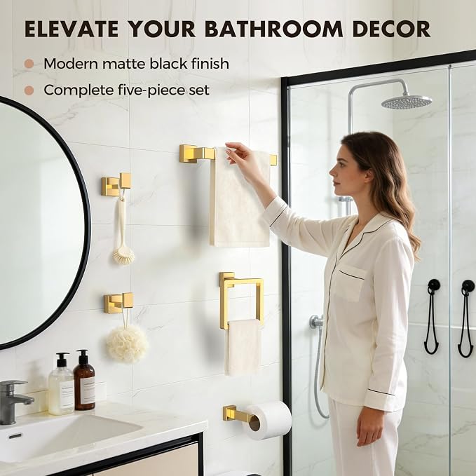 Bathroom Accessory Towel Bar Set: 5 Pieces Gold Bathroom Hardware Square SUS304 Stainless Steel - Wall Mounted Towel Rack&Toilet Paper Holder&Towel Ring and Towel Hook