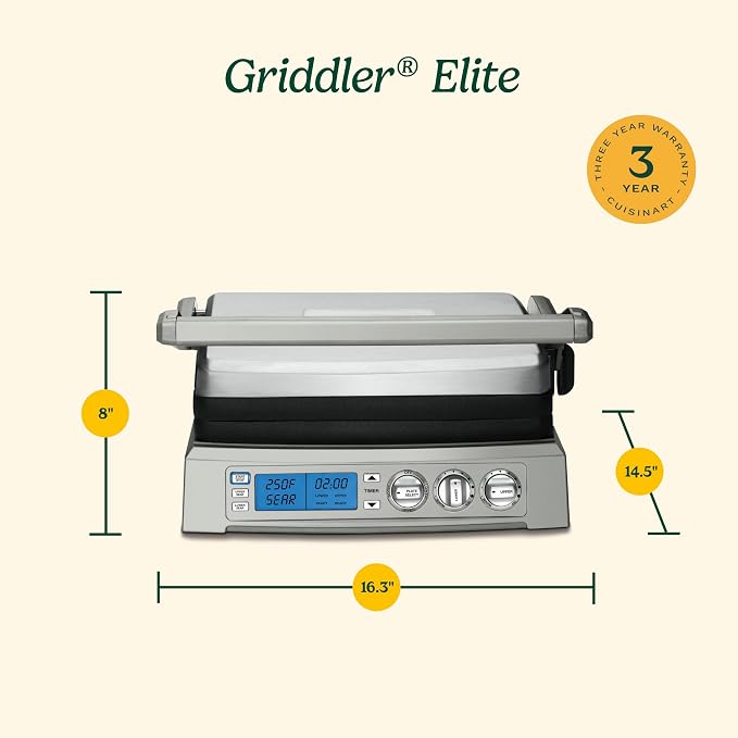 Cuisinart 6-in-1 Elite Griddler, Electric Grill, Griddle & Top Melt, 500°F Temperature Sear Function, LCD Screen, Dishwasher-Safe Cooking Plates, GR-300NAS, Stainless Steel
