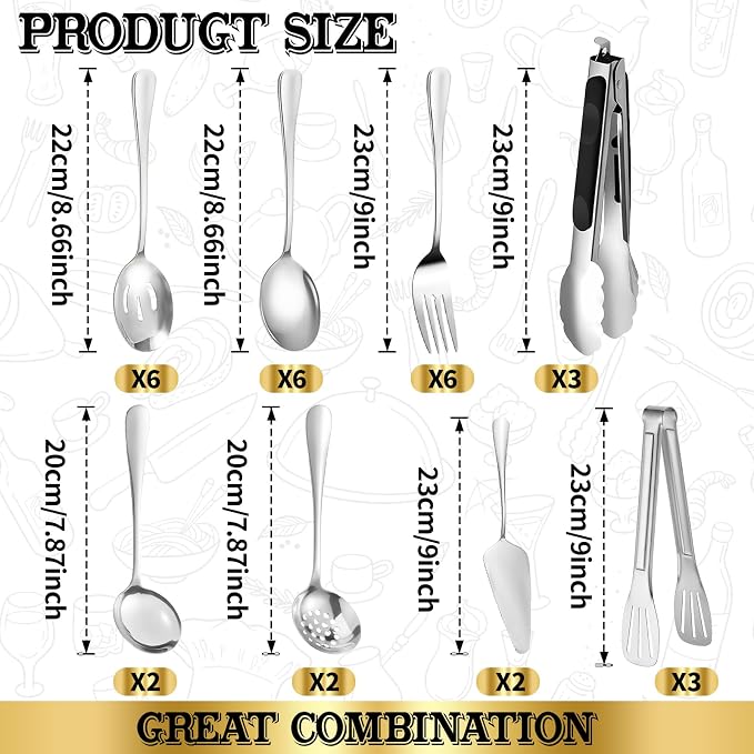30 Piece Stainless Steel Serving Utensils Set - Buffet Serving Spoons Forks Tongs for BBQ, Parties, Catering, Weddings, Events - Silver