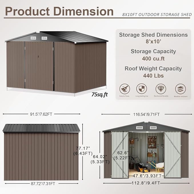 Aoxun 9.8x7.6 FT Shed Outdoor Storage Shed with Base, Brown | Metal Shed with Lockable Doors & Slooping Roof Garden Tool Shed for Backyard, Patio, Poolside