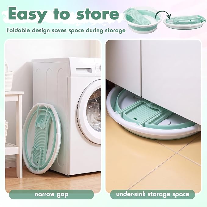 Lounsweer Large Collapsible Washboard Basin for Hand Washing Clothes with 2 Cleaning Brushes Portable Folding Laundry Tub with Non-Slip Washtub for Home Travel Camping(Green)
