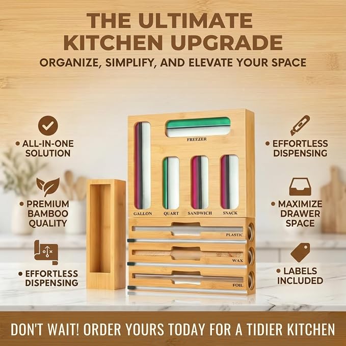9 in 1 Storage Bag Organizer for Kitchen Drawer, Bamboo Foil and Plastic Wrap with Cutter, Ziplock Bag Organizer for Quart, Gallon, Sandwich & Snack Bags - Aluminum Foil Organizer