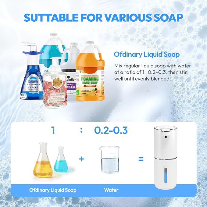 Automatic Soap Dispenser Touchless,Liquid Hand Soap Dispenser 12.8oz USB 4levels Adjustable Dispenser Electric Wall Mounted Smart for Bathroom and Kitchen Dish Soap，Easy for Toddlers(White)