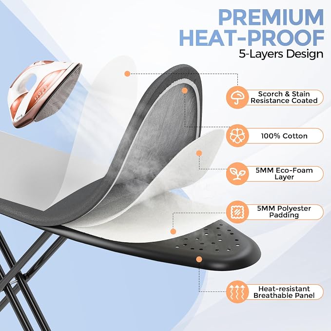 APEXCHASER Ironing Board, Compact Iron Board with Silicon Mat, Foldable Ironing Board with Heat Resistant Cover, 7 Height Adjustable, Space Saver Iron Board,13x43 Black