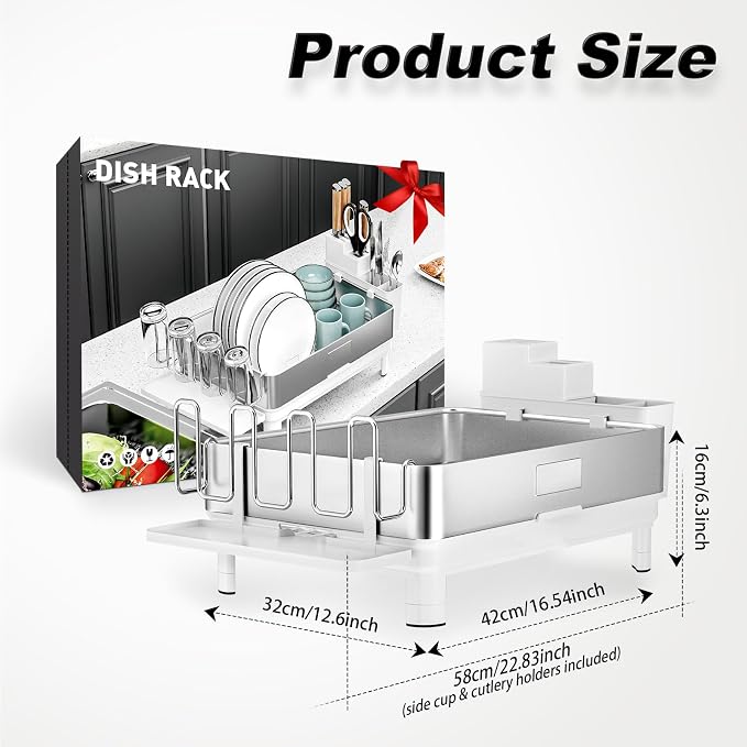 Dish Drying Rack, 304 Stainless Steel Dish Racks for Kitchen Counter | Dish Drainers with Automatic Drainage, Utensil Holder & Cups Holder, Space Saving Kitchen Organizer, White