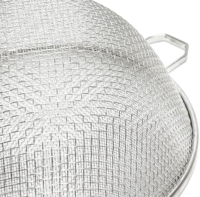 Soro Essentials- 10.25" Double Tinned Coarse Mesh Strainer with Pan Hook Wooden Handle- Food Sieve Strainer Kitchen Mesh Strainer Utensil for Cooking Rice Quinoa Pasta Fruits Vegetable Home Kitchen