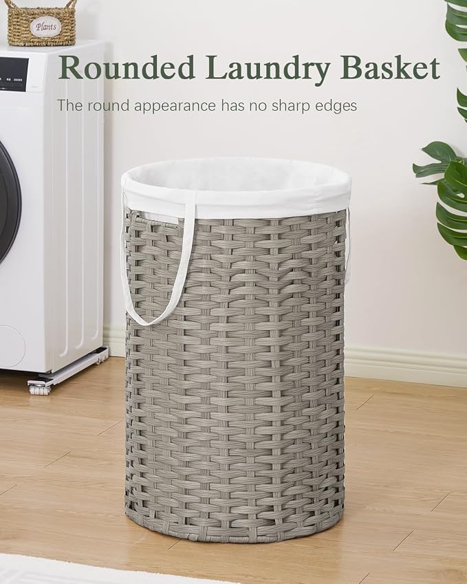 SETVSON 34.3 Gal (130 L) Large Laundry Hamper Laundry Basket Round Handwoven Wicker Laundry Baskets Rattan Laundry Basket with Removable Bag Handles 2 Mesh Bags for Living Room Bedroom Gray (No Lid)