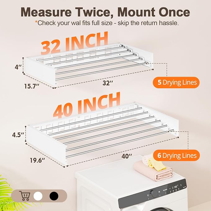Wall Mounted Clothes Drying Rack Folding Indoor, Foldable Laundry Drying Rack Collapsible,Invisible, Space Saving, Retractable Towel Drying Rack, with Wall Template(5 Drying Rods, White 32")