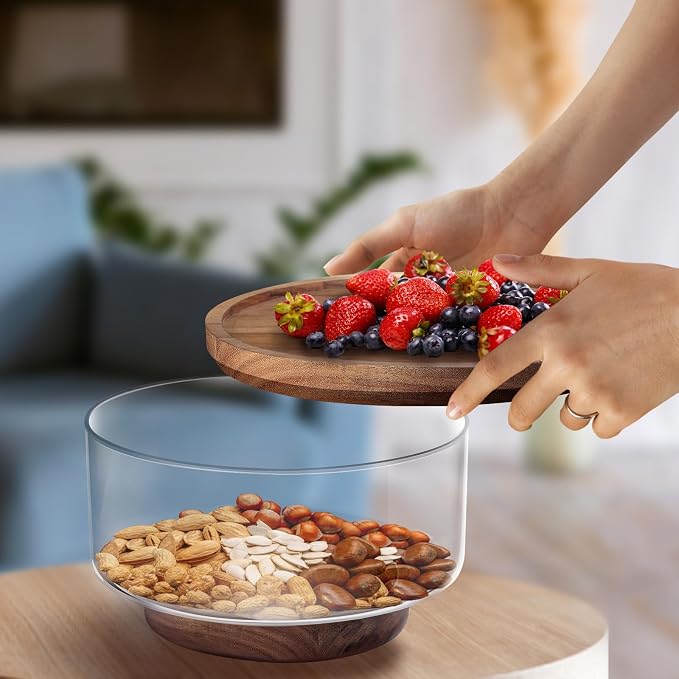 Large Glass Salad Bowls Set | Party Glass Mixing Bowl with Acacia Wood Lid Base and Serving Utensil | Elegant and Practical Serving Bowl for Kitchen