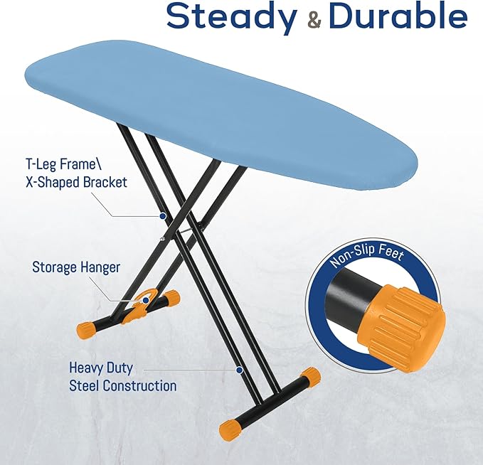 RAINHOL Compact Ironing Board Full Size 43x13 with Extra Thick Padded Cover, Height Adjustable Iron Board with Hanger, Easy to Fold Space Saver Design for Dorm Apartment Small Laundry Rooms, Blue