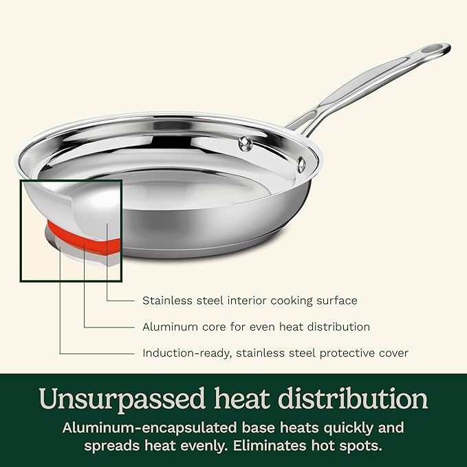 Cuisinart 10-Inch Open Skillet, Stainless Steel Skillet Large Kitchen Pan, Dishwasher Safe, Compatible with Induction, Electric, Gas Cooktops, Oven Safe Saucepan, Cool Grip Handles