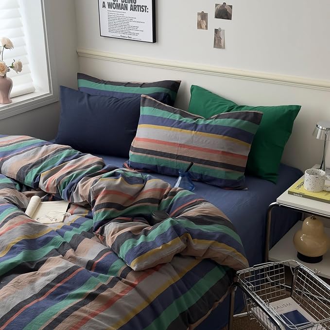 mixinni Vintage Striped Duvet Cover Full 100% Washed Cotton Bedding Set Retro Mid Century Modern Striped Duvet Cover with Zipper Closure Corner Ties for Kids Teens Dorm