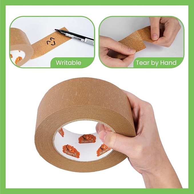 TAPEBEAR Eco-Friendly Kraft Paper Tape with Dispenser, Biodegradable Heavy Duty Packing Tape 2Inch x 55Yard, Recyclable Packaging Tape Self Adhesive Box Tape for Shipping, Sealing, Moving, 24Rolls