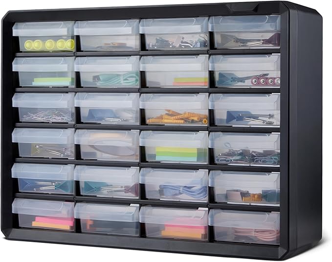 Amazon Basics 24-Drawer Plastic Storage Organizer with Dividers for Office/Craft/Tools, Wall Mountable, Sturdy, 6.3 x 21.3 x 15.8 inch, Black