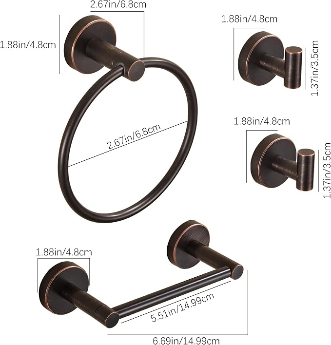 Bronze Bathroom Hardware Set, Oil Rubbed Bronze Toilet Paper Holder Towel Ring 2 Robe Hooks Wall Mount Hand Towel Holder Bath Accessories Stainless Steel, 4 Pieces