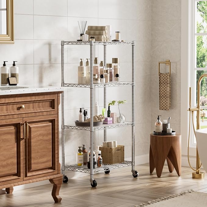 Golpart 4 Tier Shelves Storage Shelf Wire Closet Bathroom Organizers Metal Pantry Kitchen Garage Shelving Unit Laundry Room Organization Home Rack Net Basket White with Wheels 14”D X 24”W X 48.9”H
