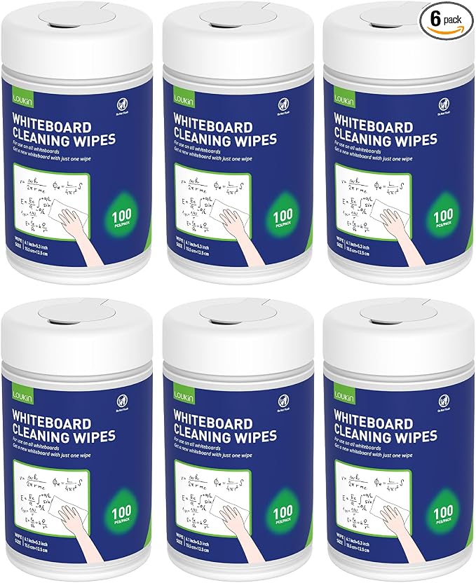 Loukin Whiteboard Cleaning Wipes, Dry Erase Board Cleaning Wipes, Non-toxic White board Wipes, 100 Wipes per Canister, 6 Pack