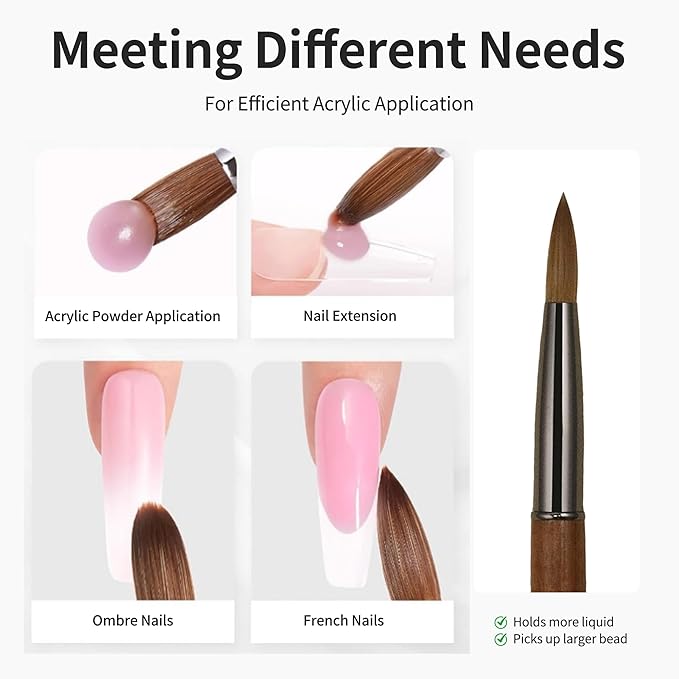 100% Pure Kolinsky Hair Acrylic Nail Brush Sandalwood Handle Professional Manicure Brushes for Powder Nail Acrylic Application - Salon & DIY Nail Art Essentials - Size 16, 1.0 Count