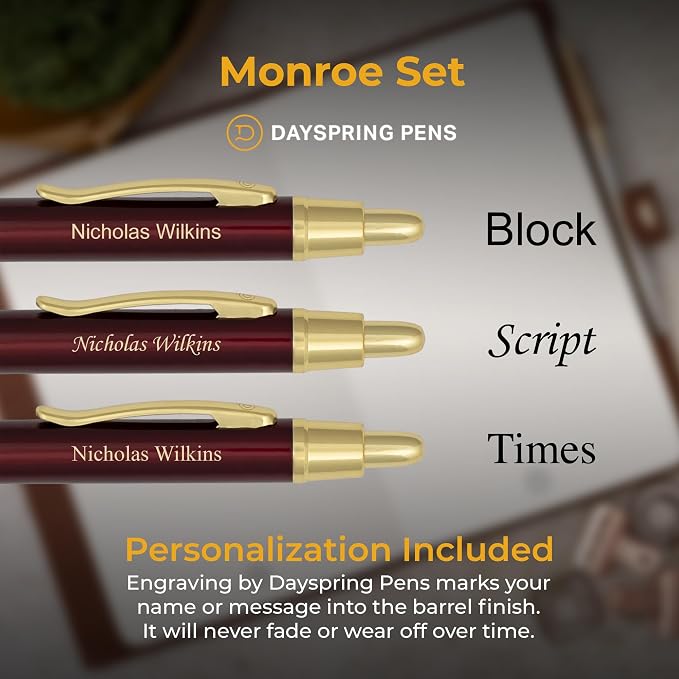 Dayspring Pens Monroe Pen and Pencil Set, Red Lacquer with Gold Trim, Custom Engraved — Graduation, Anniversary, Retirement, or Business Gift