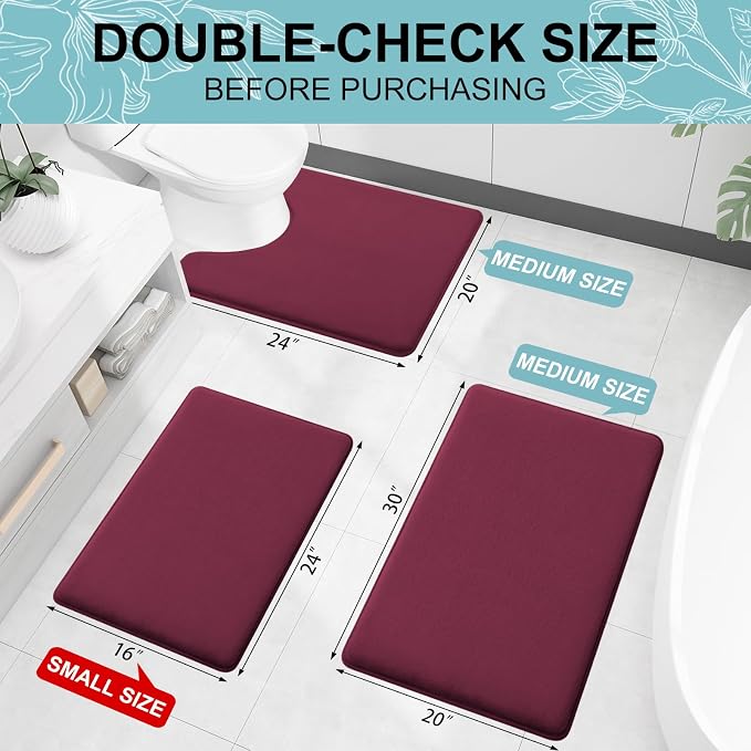 Smiry Memory Foam Bath Mat 59x34, Extra Soft and Absorbent Bathroom Mats, Non Slip Washable Carpet for Floor, Shower and Tub, Burgundy
