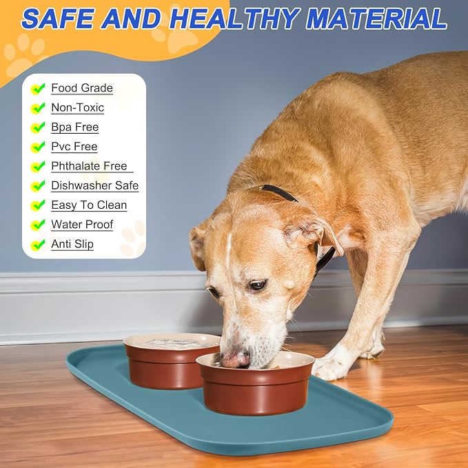 SMILOOL Waterproof Silicone Pet Food Mat with Raised Edge for Dog & Cat | 19" x 12" Non-Slip Pet Feeding Mats with Lip for Food & Water Bowl, Food Grade, Easy Cleaning, Salte Blue