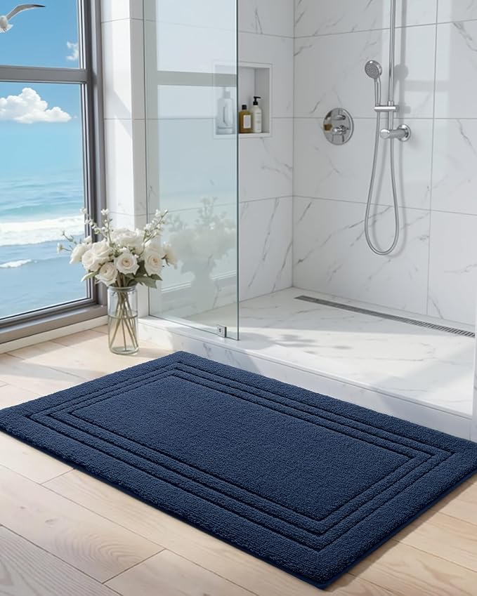 DEXI Bath Mats Bathroom Rug Non Slip Bathmat, 24x16 Navy Blue | Soft Microfiber Carpet, Washable, Absorbent Quick Dry for Shower Floor Sink