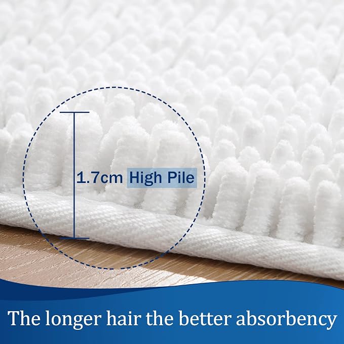 LOCHAS Luxury Bathroom Rug Shaggy Bath Mat 24 x 17 Inch, White | Washable Non Slip Bath Rugs for Bathroom Shower, Soft Plush Chenille Absorbent Carpets