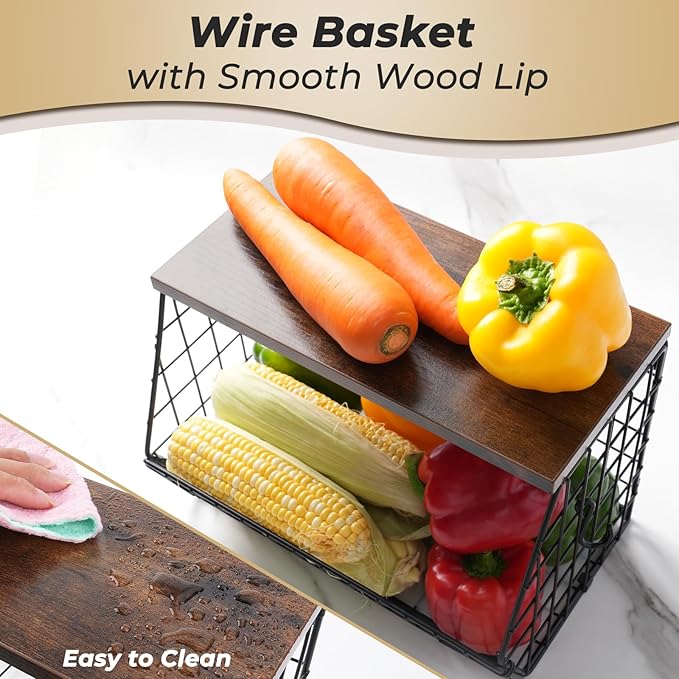 Mefirt 2pcs Fruit Basket Kitchen Storage Basket with Wood Lid, Stackable Wall Basket Fruit Basket for Kitchen, Countertop Organizer for Snack, Fruit and Veggie Storage, 11.8 x 7.9 x 8.5 Inch