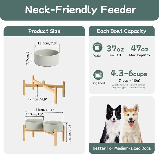 Havniva Dog Bowls Elevated, Ceramic Dog Food and Water Bowl Set | 7.3” Raised Dog Food Bowl, Elevated Dog Bowls with Bamboo Stand, Non-Slip Dog Water Bowl for Medium Dog, Large Capacity