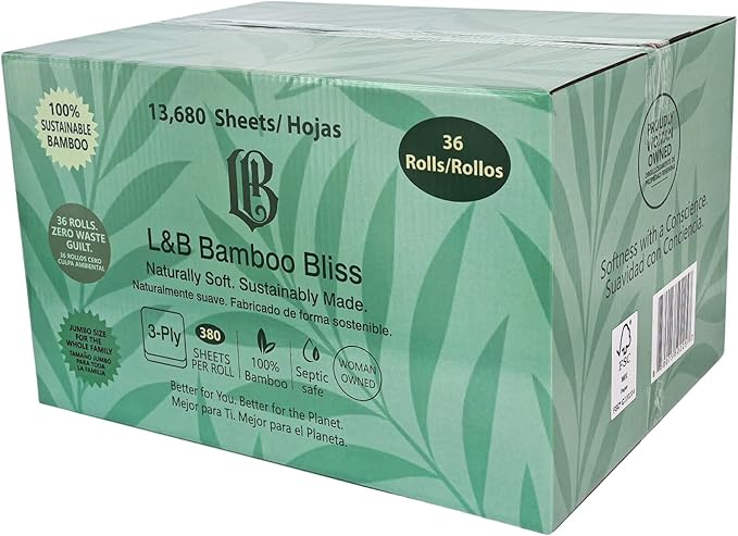 L&B Bamboo Bliss Toilet Paper, 3-Ply, Jumbo Pack, 36 Mega Rolls = 90 Regular Rolls, 380 Sheets per Roll, Ultra Soft, Individually Wrapped, Septic Safe