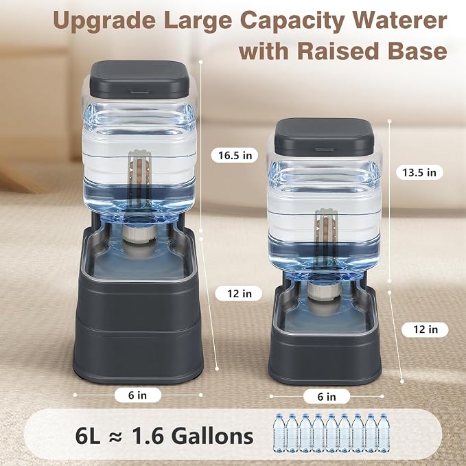 1.6 Gallon Pet Automatic Dog Water Dispenser Cat Gravity Waterer Feeder with Stainless Steel Bowl 8L Large Capacity Puppy Feeding Raised Bowls with Filter,Ice Pack (Charcoal Gray, 6L(1.6 Gallon))