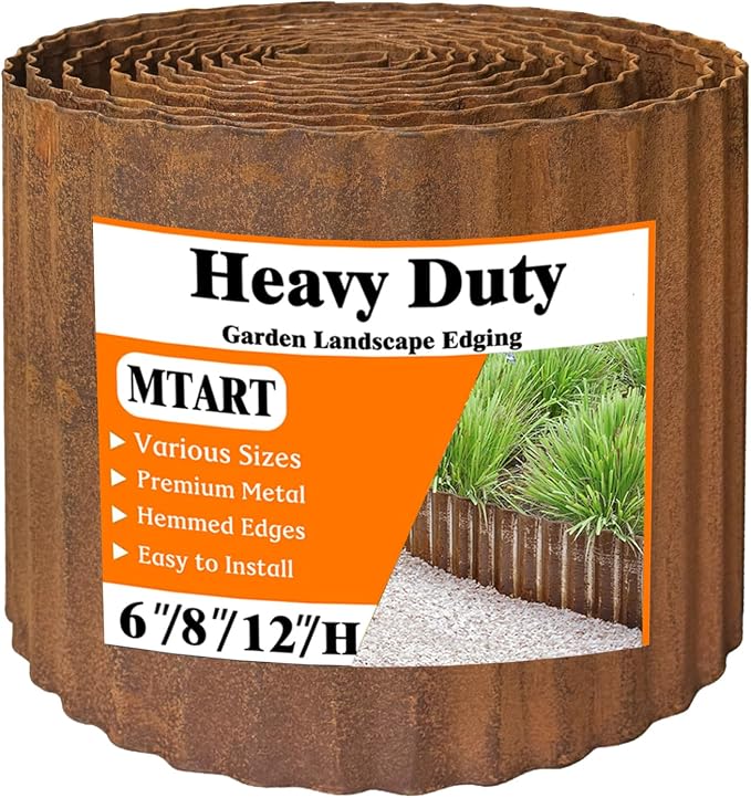 MTART Metal Garden Edging for Landscaping, Sturdy Corrugated Edging Border for DIY Flower Bed, Lawn and Landscape Edging (Rusty, 6"×50Ft)