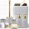 XLHOMO Grey and Gold Bathroom Accessories Set - 10 Piece Bathroom Sets with Trash Can and Toilet Brush, Soap Dispenser, Toothbrush Holder and Cup, Soap Dish, Qtip Holder, for Housewarming Present
