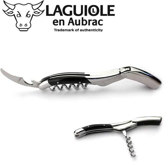 Laguiole En Aubrac Sommelier Waiter's Corkscrew, Buffalo Horn Handle, Wine Opener With Foil Cutter & Bottle Opener, Stainless Steel Shiny Bolsters