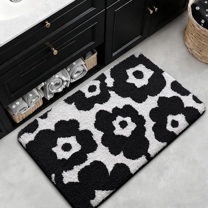 LUMI Bathroom Rugs Cute Floral Design, Soft Absorbent Microfiber Bath Mat Non-Slip, Machine Washable Quick Dry Luxury Rug Flower Black and White for Floor, Bathtub, Home Decor, 20"x32"