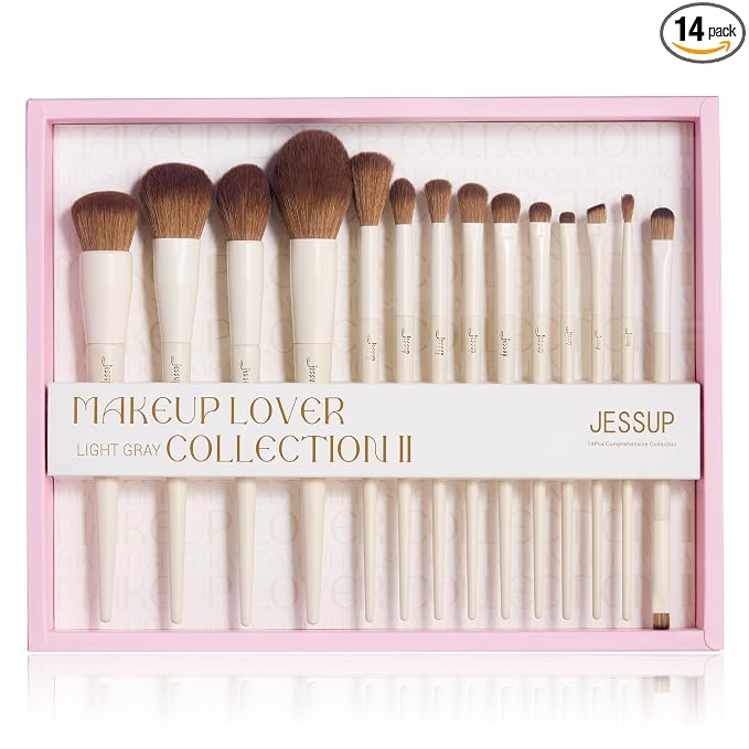 Jessup Makeup Brushes 14Pcs Makeup Brush Set Premium Synthetic Powder Foundation Contour Blush Concealer Eye Shadow Blending Liner Make Up Brush Kit Light Grey with Gift Box, T329-G