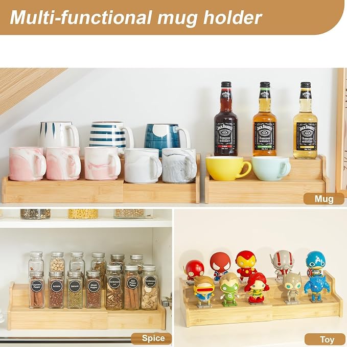 Hongtamoya 2-Tier Expandable Bamboo Coffee Mug Holder, Mug Organizer for Kitchen Cabinets, Mug Cup Rack, Multi-Functional Cup Holder Shelf, Coffee Bar Organizer, Home