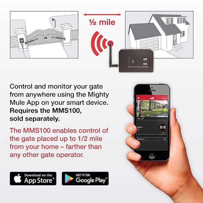Mighty Mule Gate Opener, Solar and Smart Ready, Heavy Duty Automatic Gate Opener, Gates up to 18ft or 850lb Per Gate Leaf, Dual Gate Opener - Estate, MM572W-EST