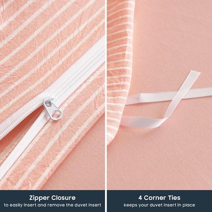 Wake In Cloud - Striped Cotton Duvet Cover Set, 100% Washed Cotton Textured Bedding Set, Ticking Stripe Pinstripe Farmhouse, 3 Pieces, Light Pink, Queen Size