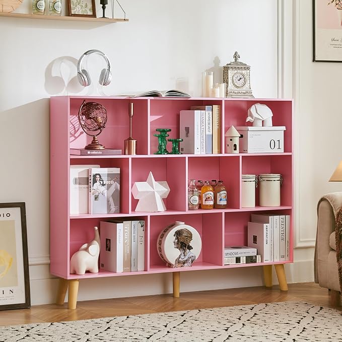 LEYAOYAO 10 Cube Bookshelf,Mid-Century Modern Bookcase with Legs,Light Pink | 3 Tier Book Shelf, 55" Wide Rustic Wood Bookshelves Large Storage Organizer, Open Shelves for Bedroom, Living Room, Office