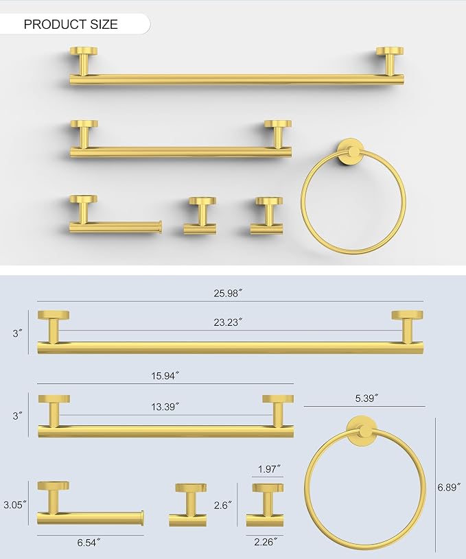 6 Pcs Brushed Gold Bathroom Accessories Hardware Set SUS304 Stainless Steel Towel Rack and Toilet Paper Holder Set Bath Towel Bar Set Wall Mounted for Bathroom Kitchen by HOMEMYSTIQUE
