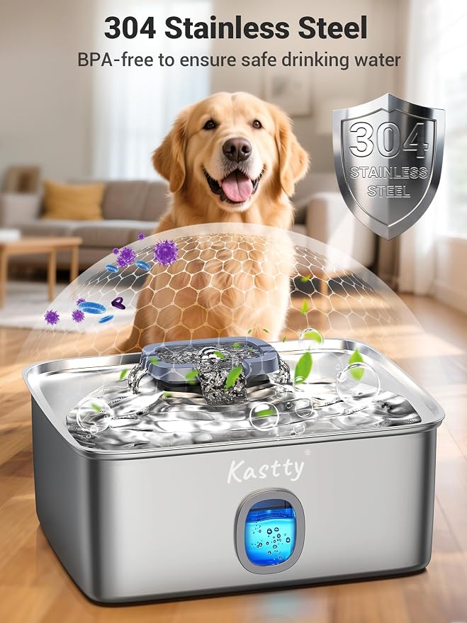 Kastty 4 Gal/15L Stainless Steel Dog Water Fountain for Large Dogs | Dog Water Bowl Dispenser Triple Filtration,Ultra Quiet Automatic Pet Water Fountain with Water Level Window&LED Light(FS76)