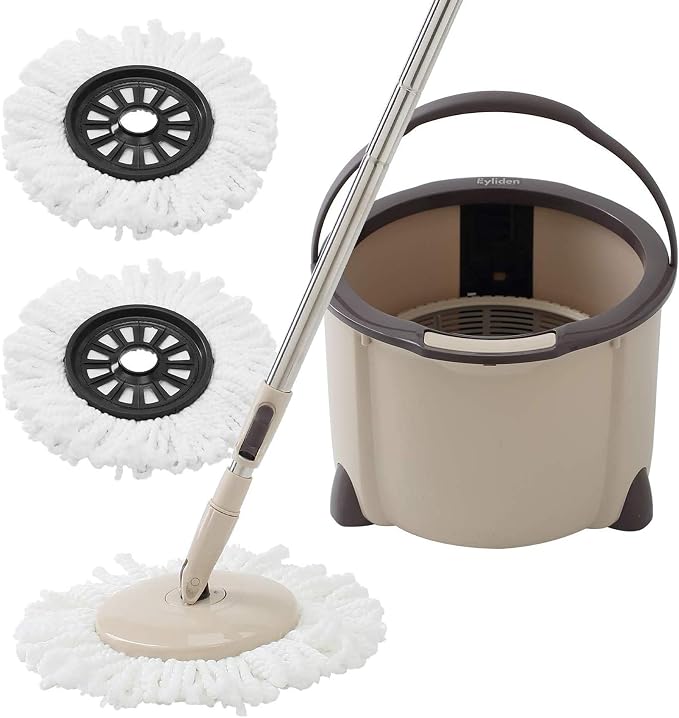 Eyliden Spin Mop and Bucket Set, 2 Microfiber Heads, Wash & Dry | Self-Cleaning Mop Bucket System for Hardwood, Tile, Vinyl Floors, Adjustable Stainless Steel Handle, Space-Saving Design