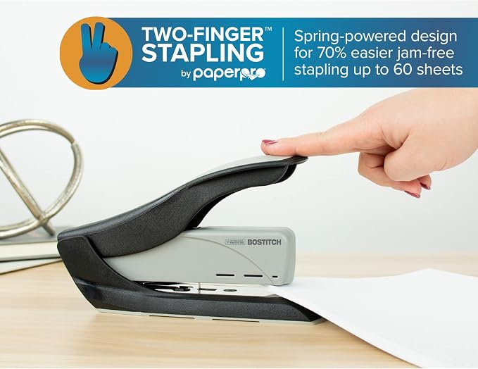 Bostitch Office 60 Sheet Heavy Duty Stapler - Two Fingers, No Effort, Spring Powered Stapler - Gray (1200)
